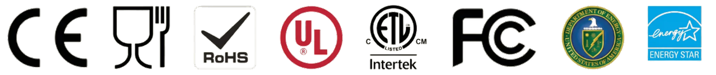 CE, RoHS, UL, ETL, FCC and Energy Star product compliance standards